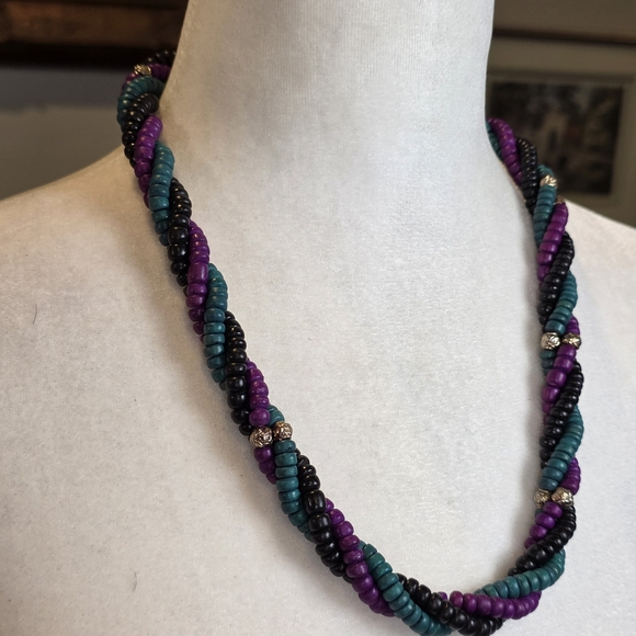 Vintage Chunky Twisted Beaded Necklace Teal Purple Black Multi-Strand Statement - Picture 3 of 10